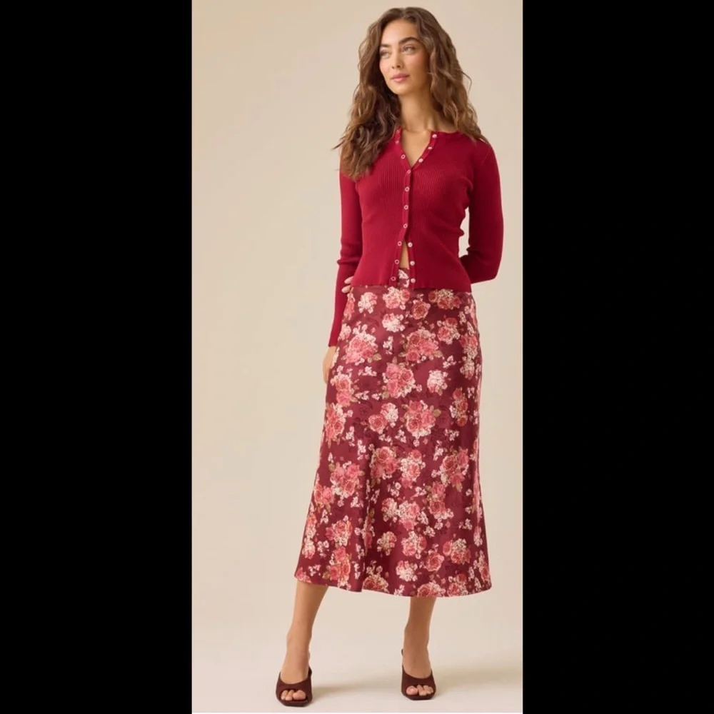 Altar'd State Cassidy Burgundy Floral A-Line Skirt - Picture 5 of 9